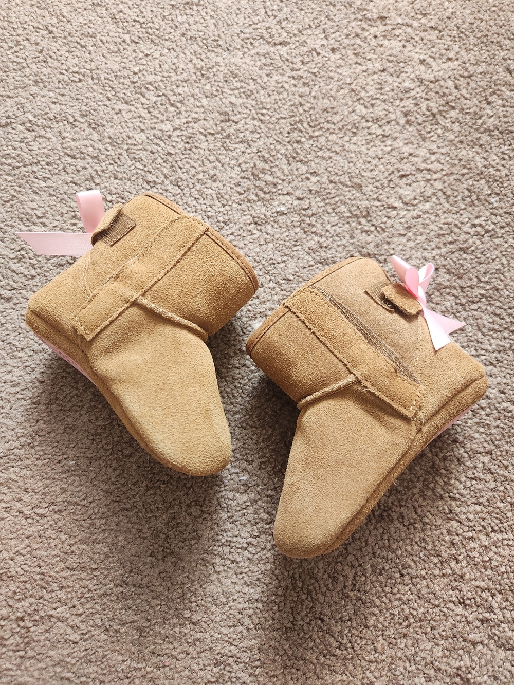 Toddler Tan Suede Booties with Pink Ribbon